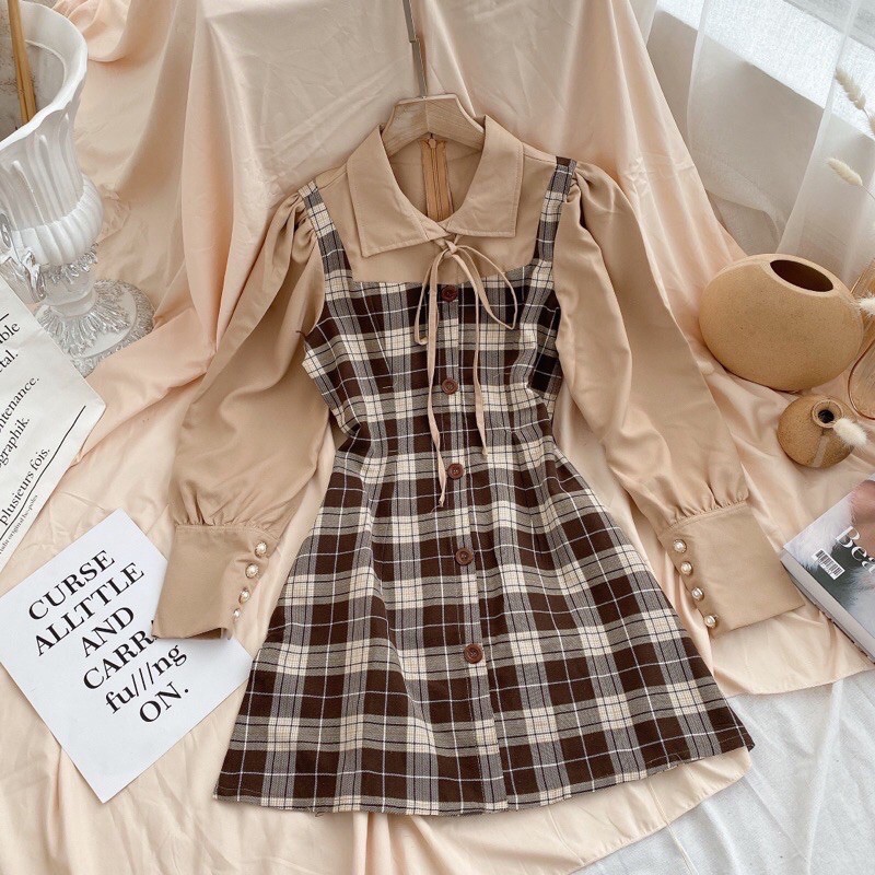 [SẴN] ĐẦM VÁY GIẢ YẾM KẺ CARO NÂU | BigBuy360 - bigbuy360.vn