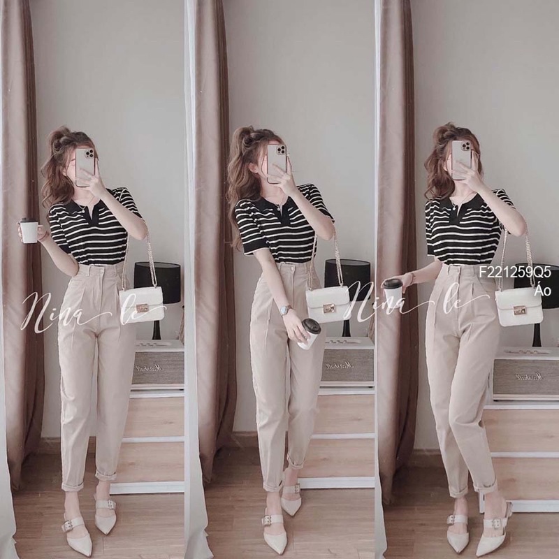 Áo len croptop sọc cổ bẻ