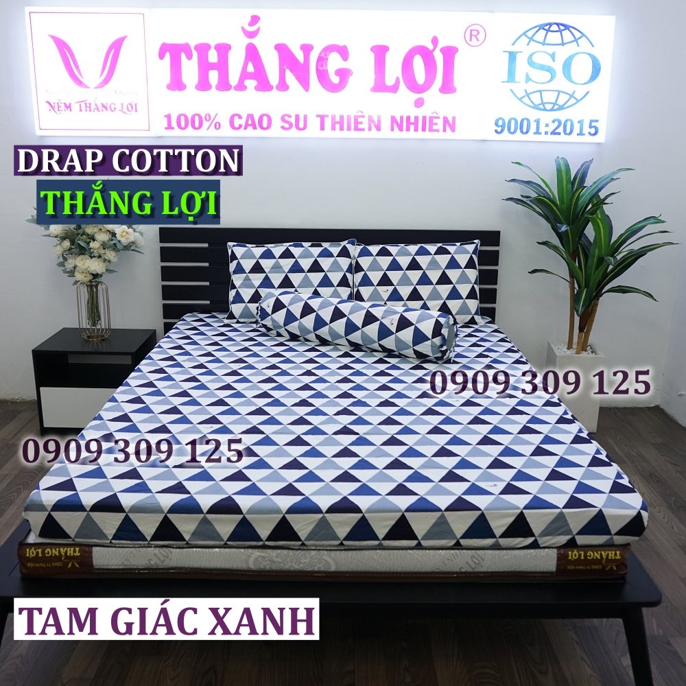 Drap Thắng Lợi, ga giường cao cấp cotton 100% inlogo mẫu Tam giác xanh (ảnh thật)