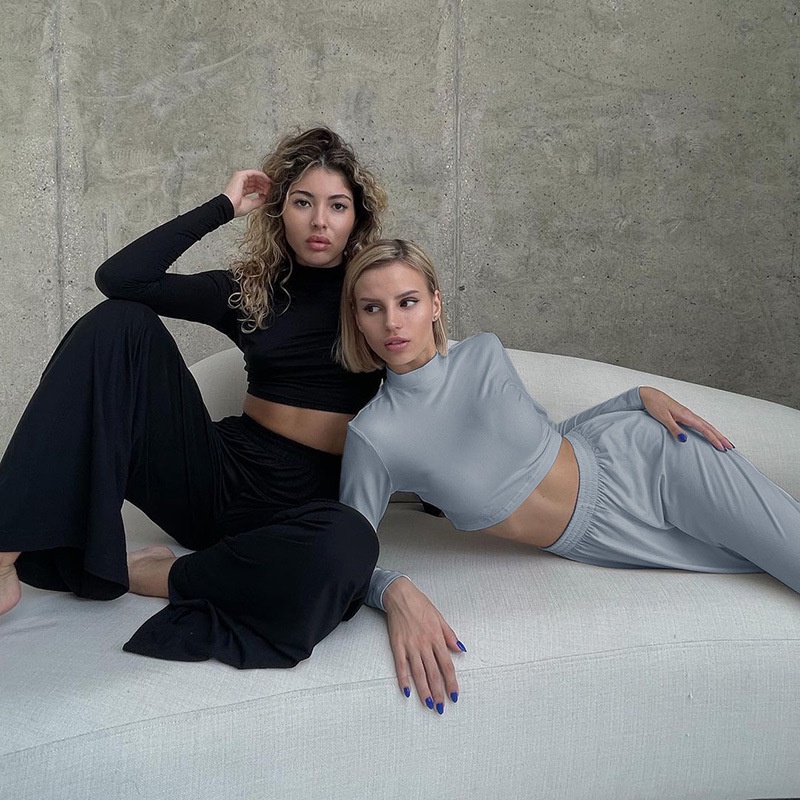 DUNEA Set đồ thể thao gồm áo thun dài tay + quần dài ống rộng lưng cao quyến rũ cho nữ