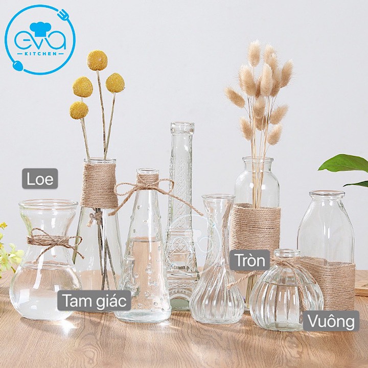 Combo 3 Bình Bông Lọ Hoa Thủy Tinh Vuông Loe Tam Giác Tặng Kèm Dây Bố Trang Trí