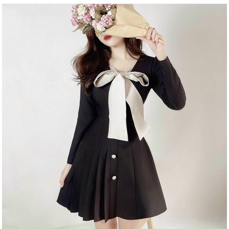 ĐẦM XOÈ TAY DÀI PHỐI NÚT VÀ NƠ BẢN TO NỮ TÍNH THANH LỊCH