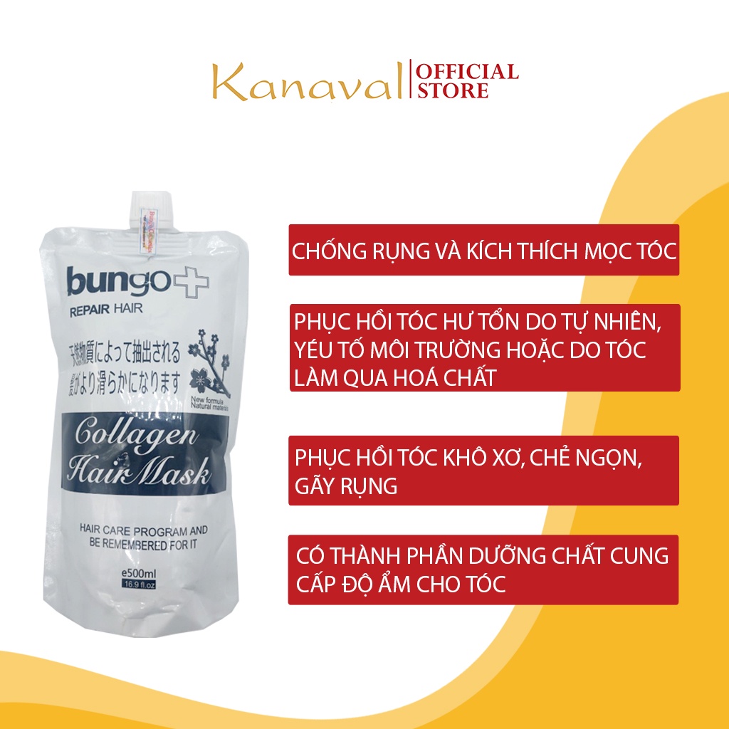 Kem ủ tóc Bungo, dầu ủ tóc collagen keratin dưỡng ẩm và phục hồi hư tổn tóc túi 500ml - kanaval Official Store