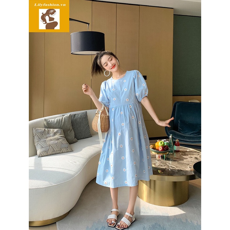 Váy đầm bầu họa tiết hoa thêu thiết kế công sở, dự tiệc cho mẹ bầu phong cách hàn quốc sang trọng lịch sự mới mùa hè