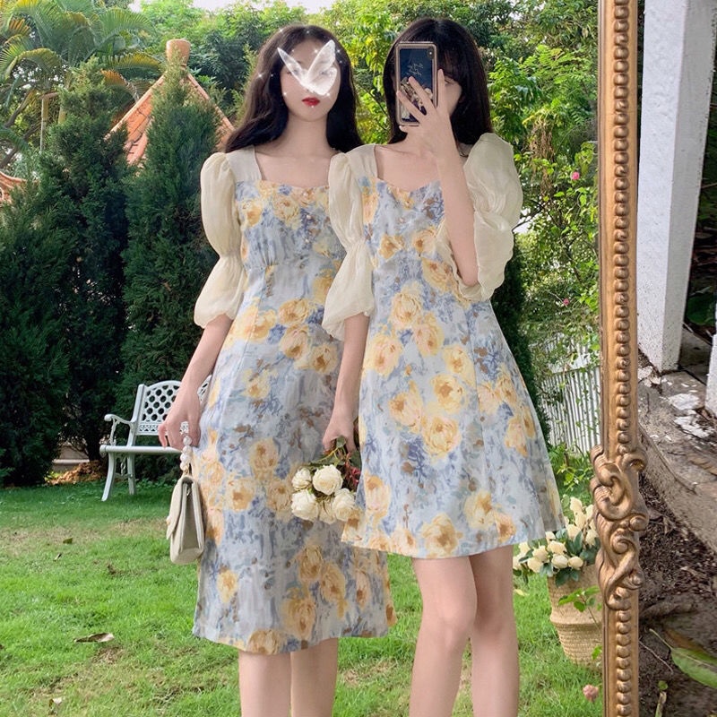 Đầm Ngắn Tay In Hoa Ngọt Ngào Thời Trang Dành Cho Nữ