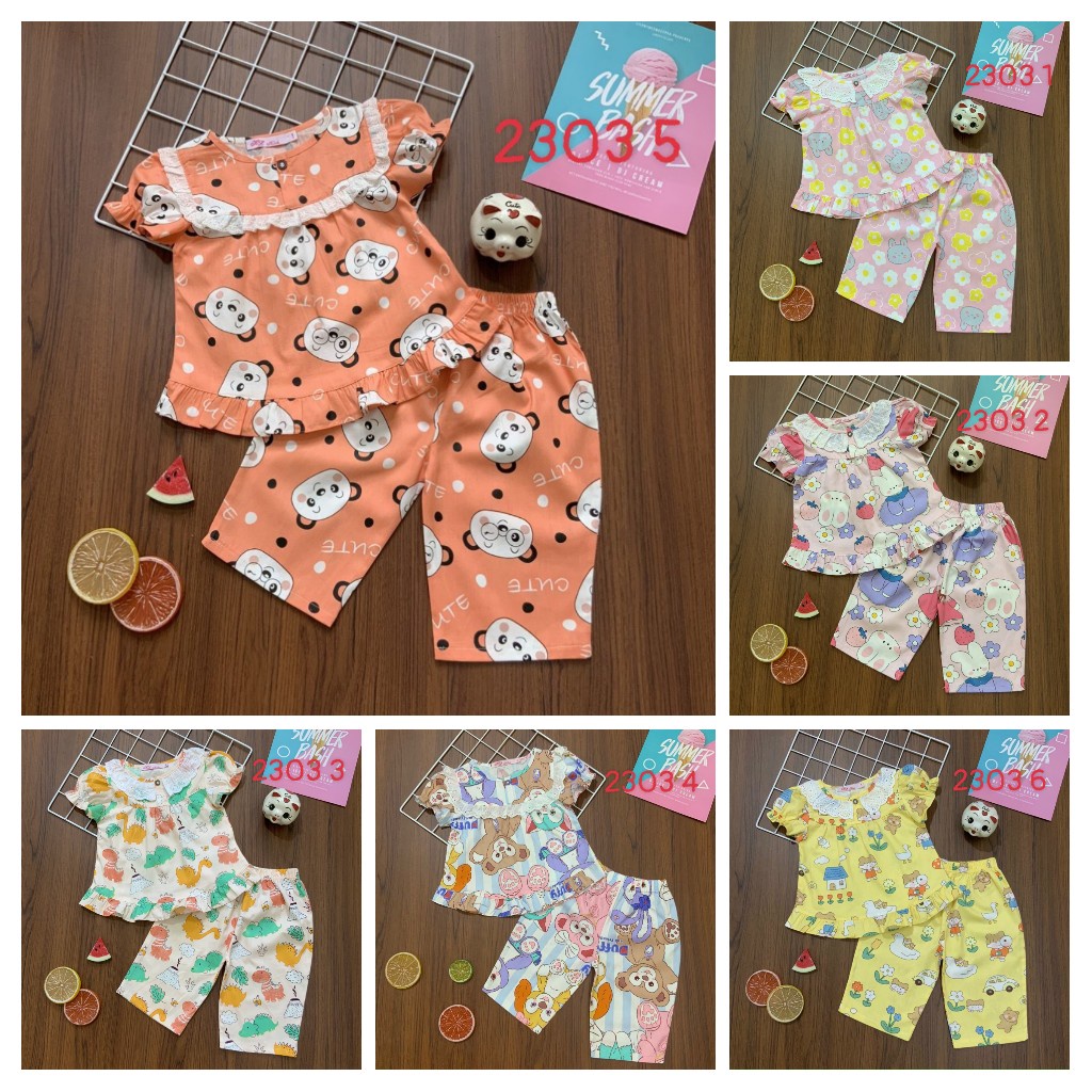 Bộ kate lụa lửng có tay bé gái mặc nhà đi học 6 màu 10-19kg
