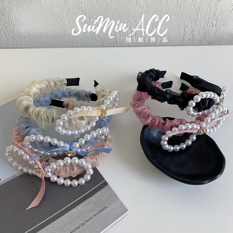 Băng Đô Nơ Lưới Đính Ngọc Trai Xinh Xắn Hàng Mới