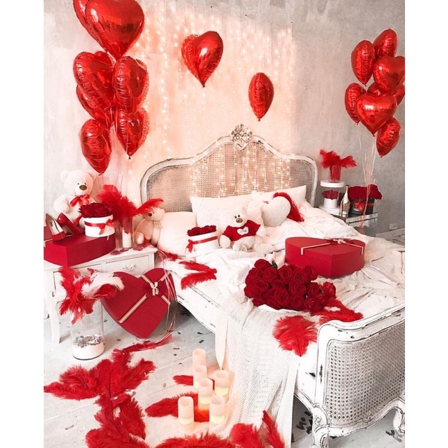 { Tặng 1 gói cánh hoa màu đỏ) BÓNG BAY TRANG TRÍ PHÒNG CƯỚI ĐẸP TÔNG ĐỎ MH01