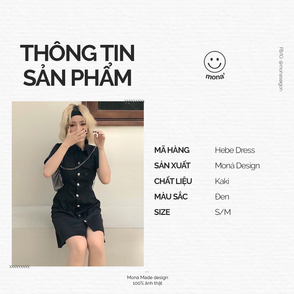 MONÁ - Đầm sơmi đen tay ngắn chất kaki Hàn có túi - HEBE DRESS - ĐEN | BigBuy360 - bigbuy360.vn