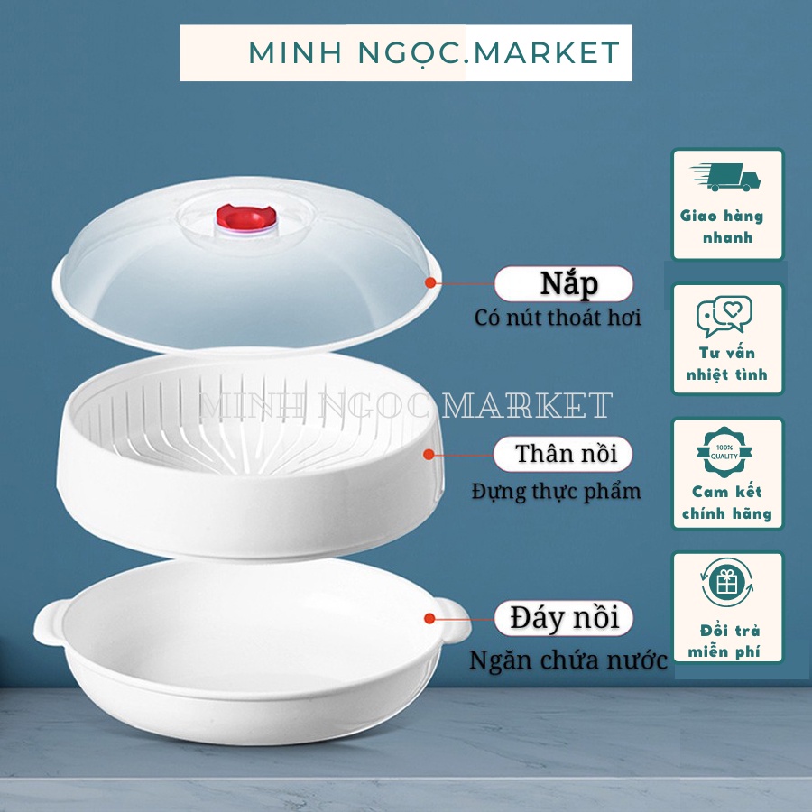Nồi hấp thức ăn chịu nhiệt trong lò vi sóng, khay nhựa hâm nóng đồ ăn 3 chi tiết cao cấp