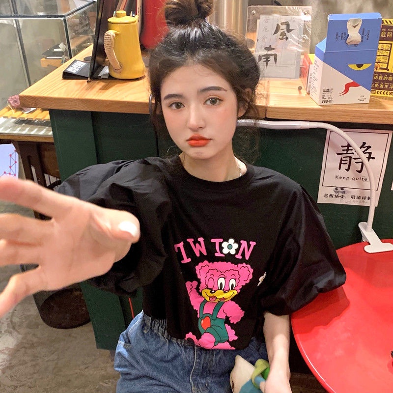 Áo thun tay ngắn phồng dáng rộng in họa tiết hoạt hình dễ thương phong cách retro thời trang mùa hè dành cho nữ