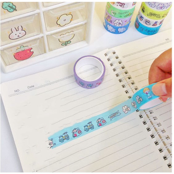 Cuộn băng dính washi tape họa tiết dễ thương nhiều màu sắc, thích hợp trang trí sổ, đồ dùng, dụng cụ học tập SUNNYSTORE