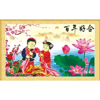Tranh đính đá thành phẩm phu thê viên mãn 90x50cm ah71252