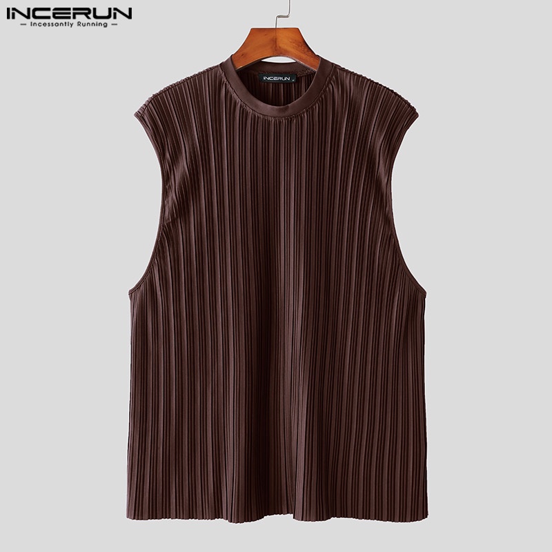 Áo sát nách INCERUN cổ tròn xếp li màu trơn cho nam