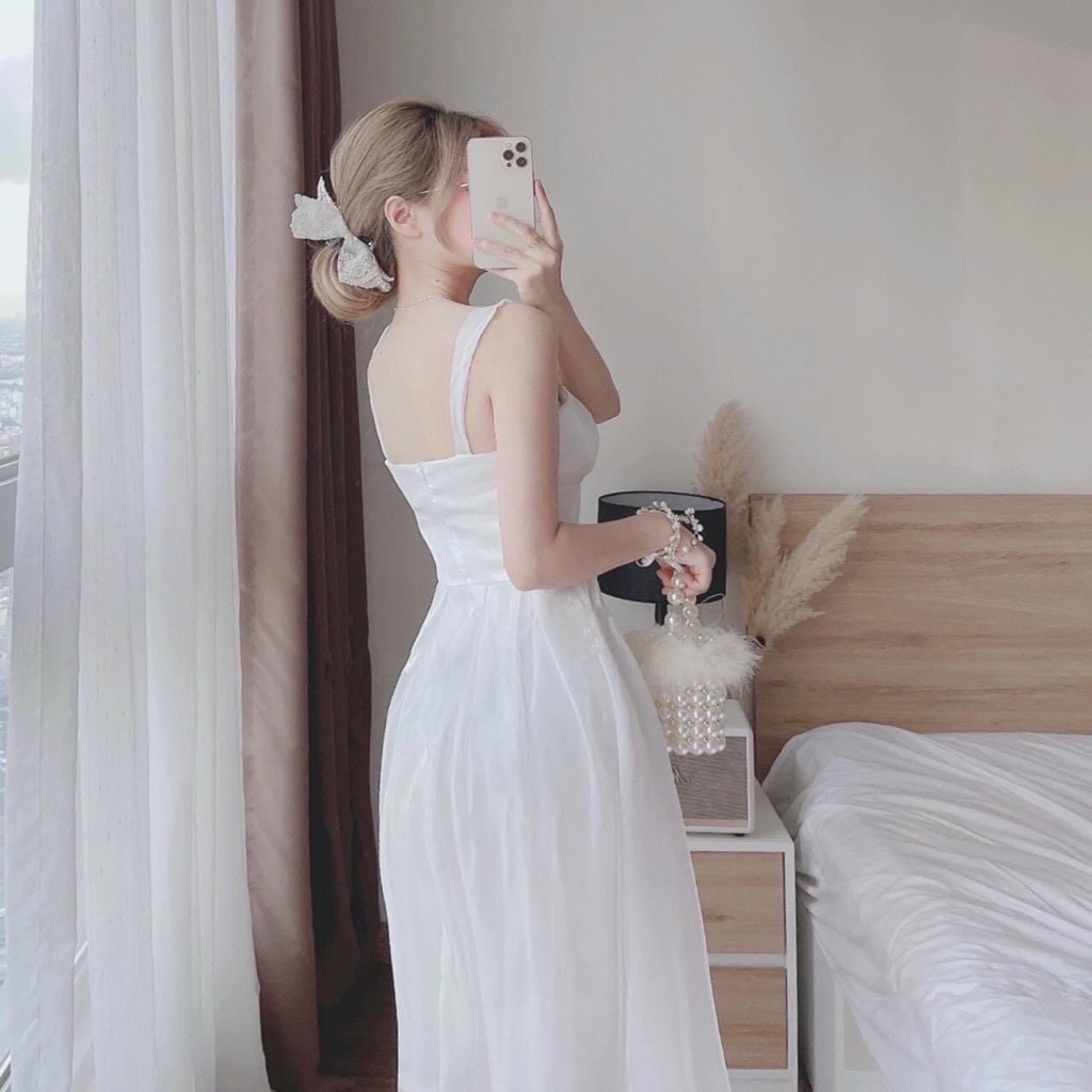 Đầm trắng dự tiệc dáng xoè 2 dây cúp ngực , phong cách ( chất liệu voan tơ)