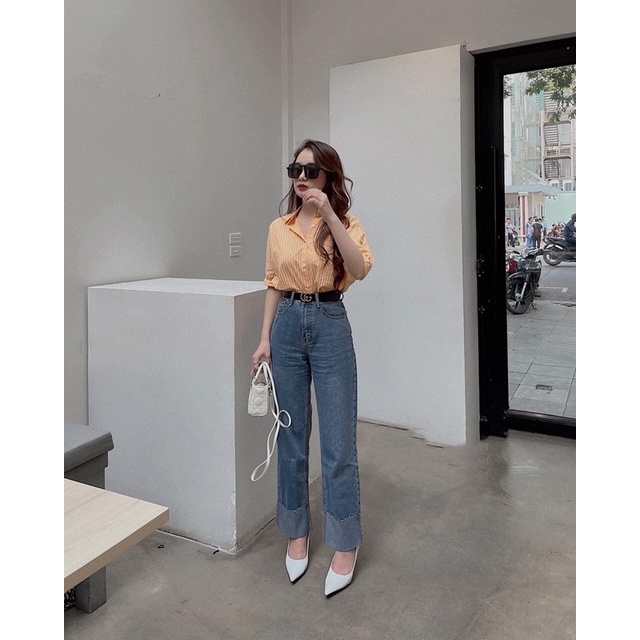 Quần jean ống đứng gấp gấu cạp cao , quần bó ống suông chất đẹp hàng chuẩn by Jeanfangu