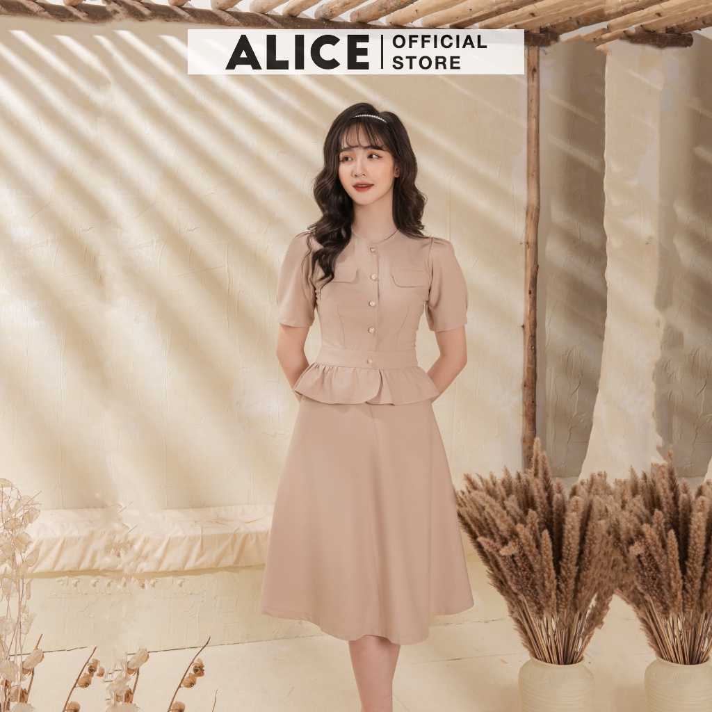 Đầm Công Sở Dáng Xòe ALICE V705, Đầm Thiết Kế Eo Bánh Bèo Dáng Sơ Mi Cổ Tròn Tay Ngắn Độc Đáo | BigBuy360 - bigbuy360.vn