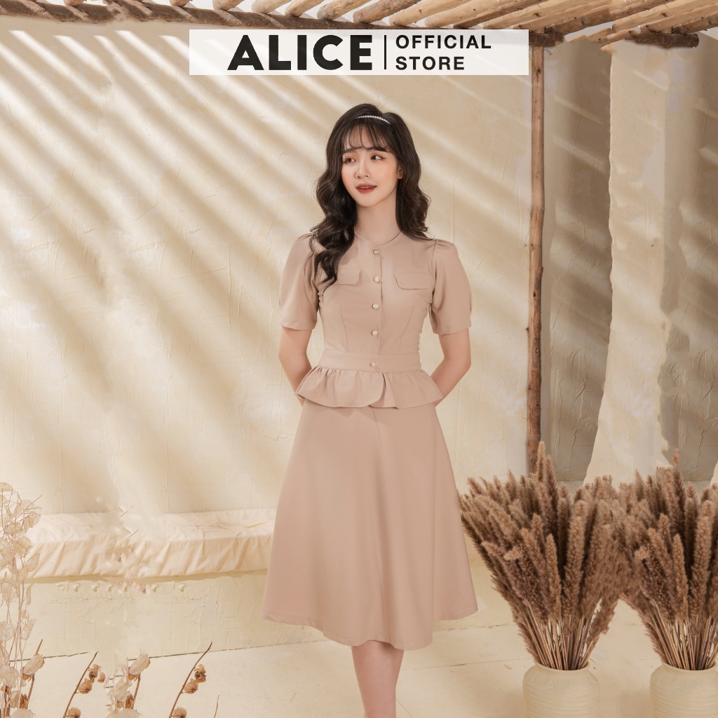 Đầm Công Sở Dáng Xòe ALICE V705, Đầm Thiết Kế Eo Bánh Bèo Dáng Sơ Mi Cổ Tròn Tay Ngắn Độc Đáo