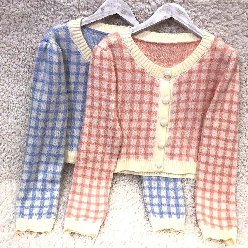 Zhainvchaoyi Áo Khoác Cardigan Dệt Kim Cổ Tròn Sọc Caro Phong Cách Hàn Quốc Thời Trang Mùa Thu Cho Nữ