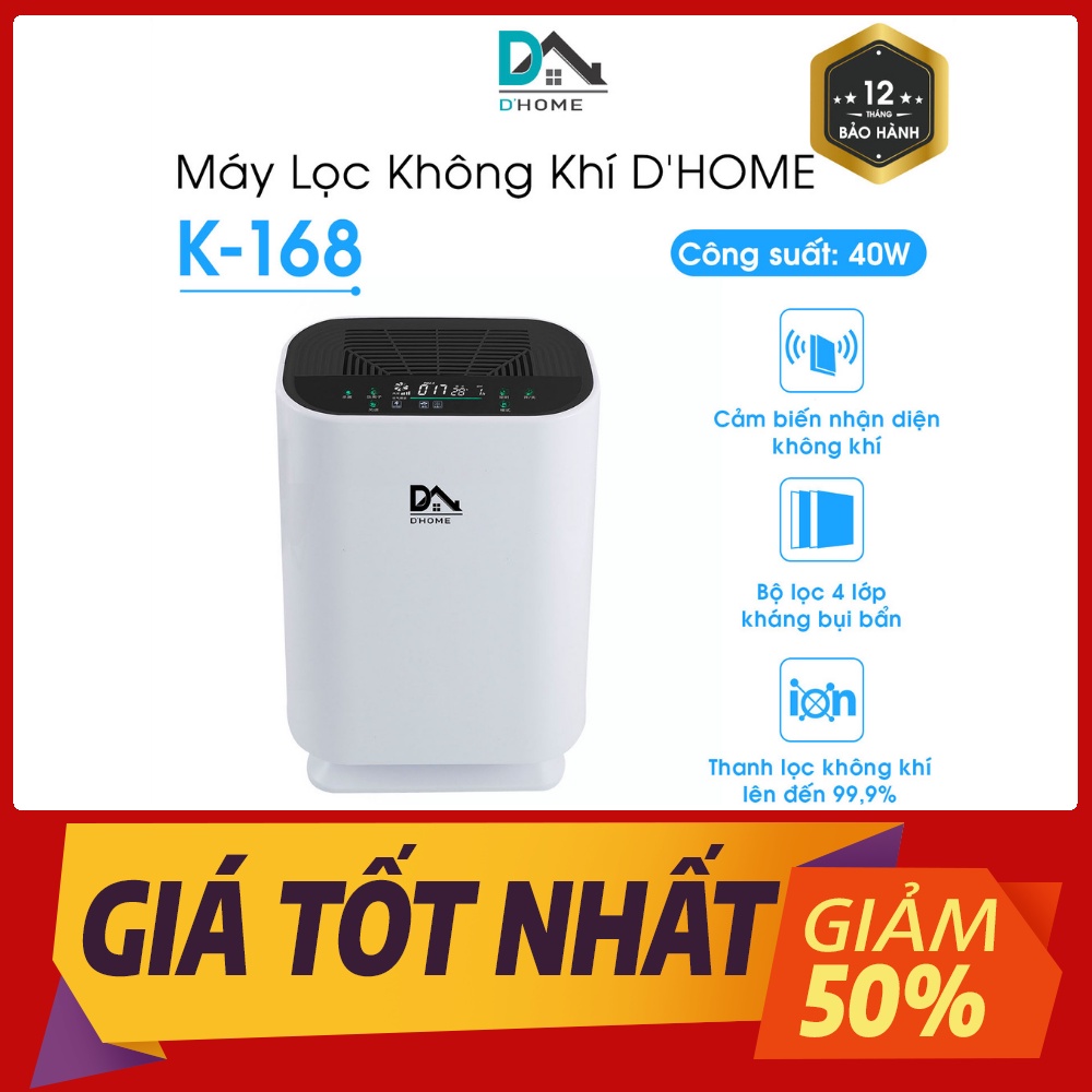 Máy lọc không khí Ion Âm thông minh Dhome K-168, Lọc khói bụi, vi khuẩn và bụi mịn PM2.5. Màn hình cảm ứng