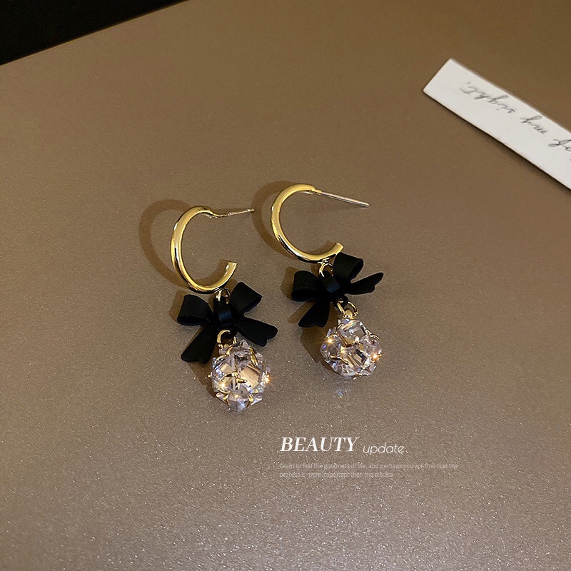 Bông Tai Hình Nơ Đính Đá Đen Phong Cách Pháp Cổ Điển Thời Trang Cao Cấp Cho Nữ