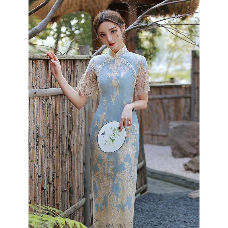 Đầm Sườn Xám Dáng Dài Phối Ren Màu Xanh Dương Phong Cách Trung Hoa Cổ Điển Thời Trang Cho Nữ