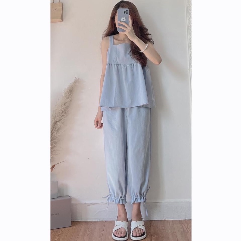 Set Babydoll áo 2 dây bản to kem quần lửng rút ống xinh xắn