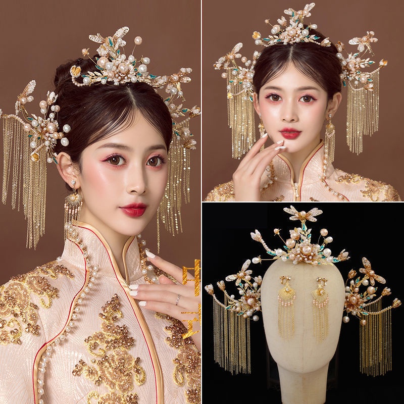 [Aishang Trang Sức Đẹp] Phụ Kiện Cài Tóc Cô Dâu Xiuhe Hình Vương Miện Phượng Hoàng Tua Rua Dài Phong Cách Trung Hoa Mới Nhất Năm 2022