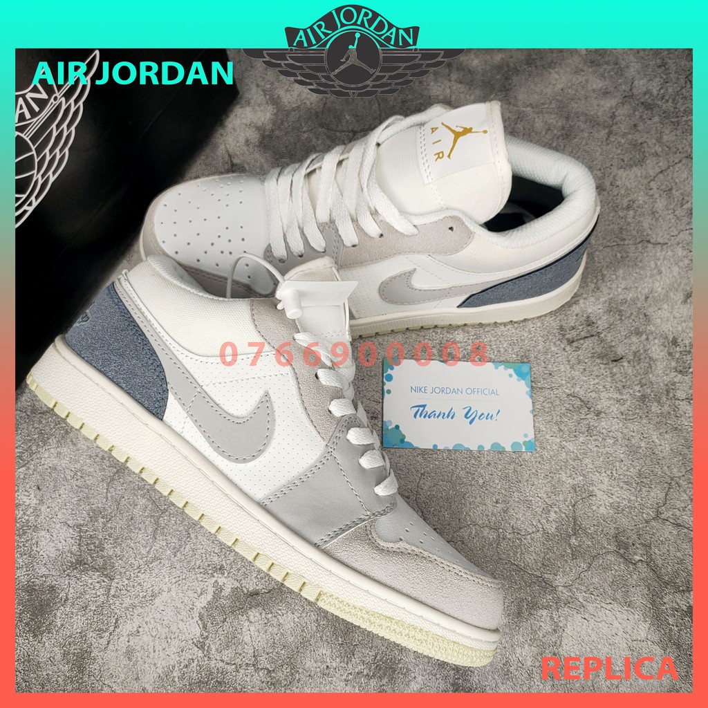 Giày Thể Thao Nam Nữ Jordan JD1 Low Paris Trắng Xám Cổ Thấp Gót Xanh Thời Trang Full Box Bill