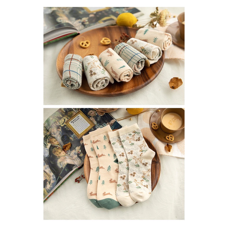 Set 3 đôi tất cổ cao Bivota vớ nữ cotton thu đông họa tiết siêu xinh T103