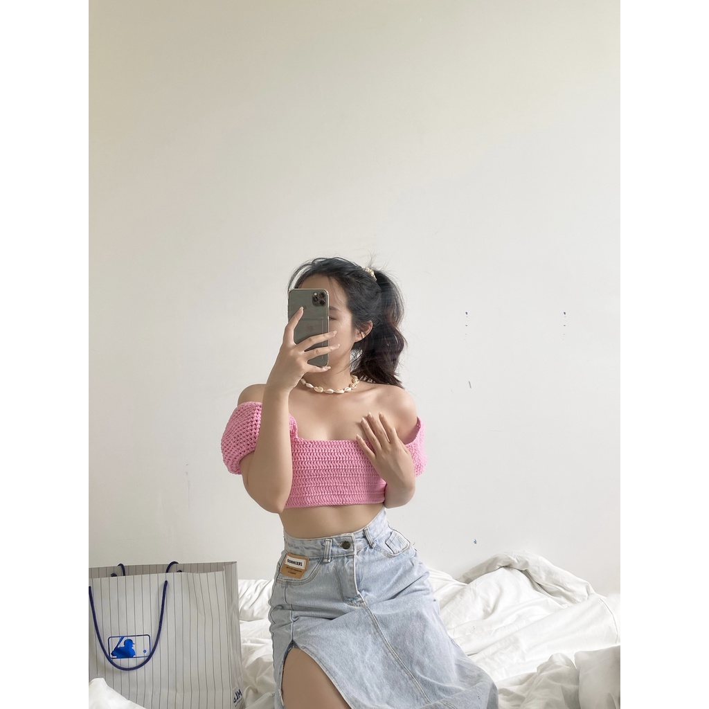 Áo đan móc cổ vuông tay phồng Bouffant Sleeved Top
