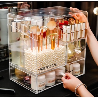 SIZE LỚN Tủ Đựng Mỹ Phẩm Chống Bụi Trong Suốt, Có Nắp, Tặng Kèm Hạt Trắng
