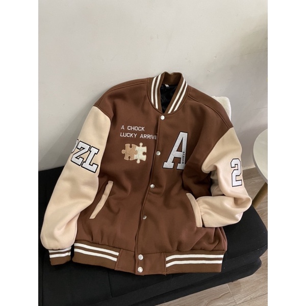 Áo khoác jacket varisity A Chock Lucky Arrive "A", áo bomber phối nâu thêu 2 lớp chất nỉ bông siêu xịn nam nữ -Gin Store