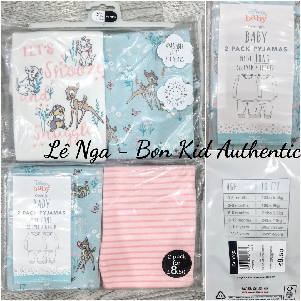 Set 2 bộ quần áo dài cotton GEOGRE UK chính hãng sz 3-6m, 6-9m, 9-12m, 12-18m, 18-24m
