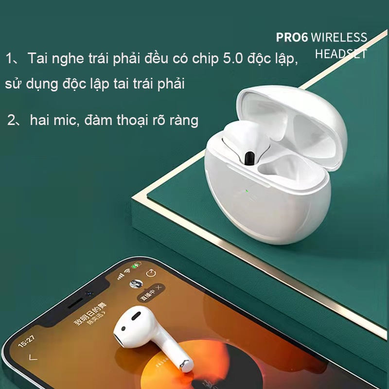 Tai nghe bluetooth Pro6 nhét tai bluetooth không dây Chống Ồn cho ĐT táo Phone Samsung xiaomi android laptop pc #66