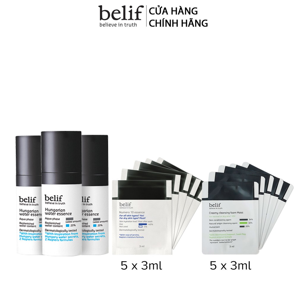 Combo trải nghiệm Belif Tính chất Hungarian Water Essence 10ml + Creamy Cleansing Foam 15ml + Numero 10 Essence 15ml