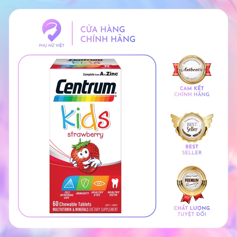 (Hàng chuẩn Úc)-Vitamin tổng hợp Centrum Kids Multi Vitamin Strawberry từ 3 tuổi trở lên 60 viên