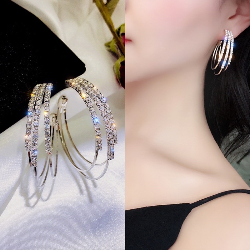 Khuyên tai, bông tai tròn đính hột đá nhân tạo lấp lánh sang trọng phù hợp dự tiệc đi chơi đi làm