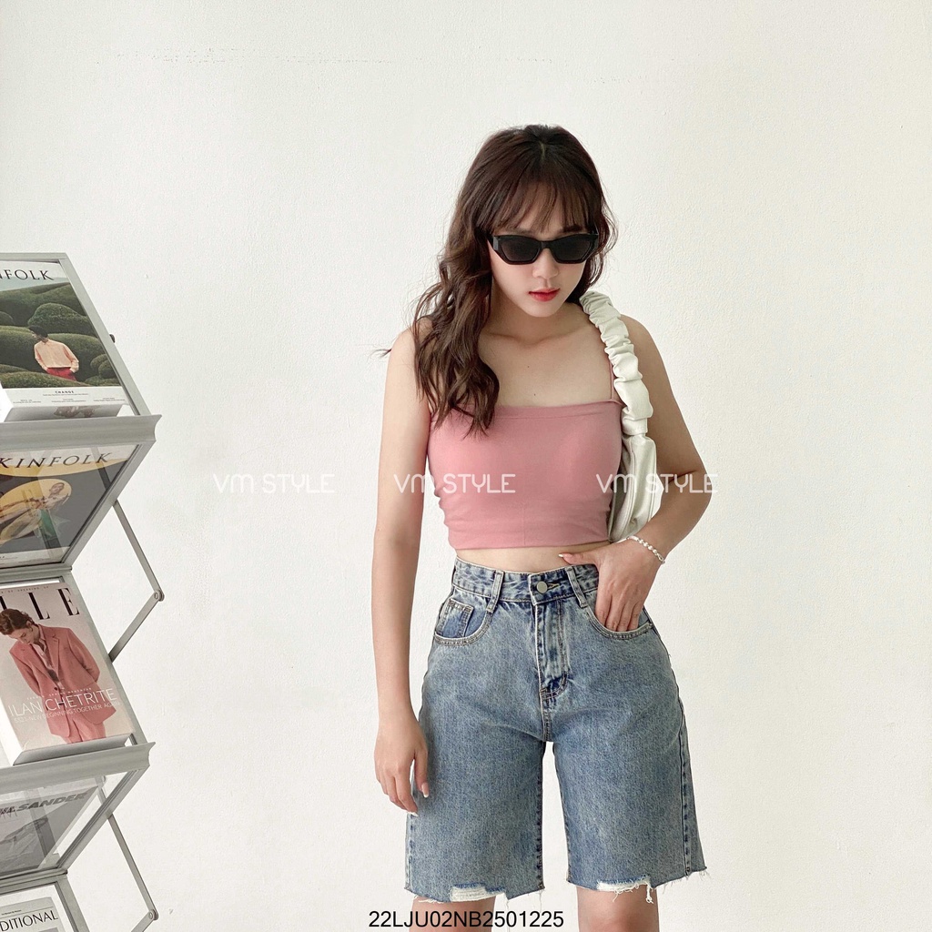 Quần jean ngố VM STYLE xước lai cắt kiểu, quần sọt lửng ống rộng nữ chất bò lưng cao ulzzang 22LJU02NB2501