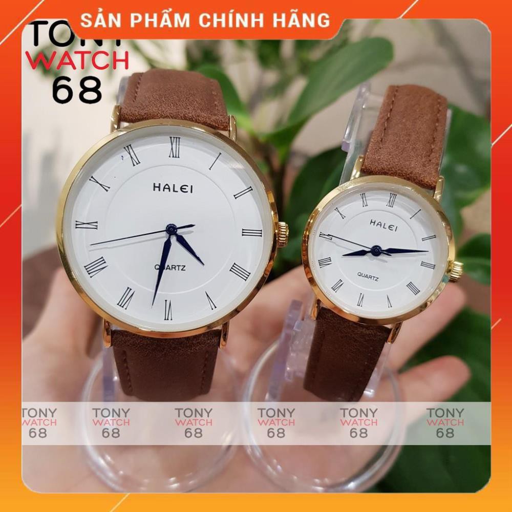 Hot!!! Đồng hồ cặp đôi nam nữ Halei kim xanh mặt trắng dây da nâu chính hãng Tony Watch 68 giá re