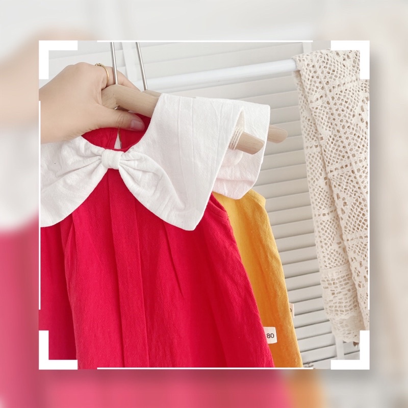 Váy hè sát nách nền màu trơn, cổ trắng thắt nơ cho bé gái 8-21kg- Chất thô cara mát