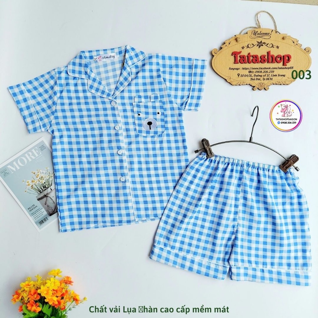 8 đến 42kg - Bộ pijama đùi kẽ caro thêu gấu cho bé trai bé gái vải lụa hàn cao cấp 003