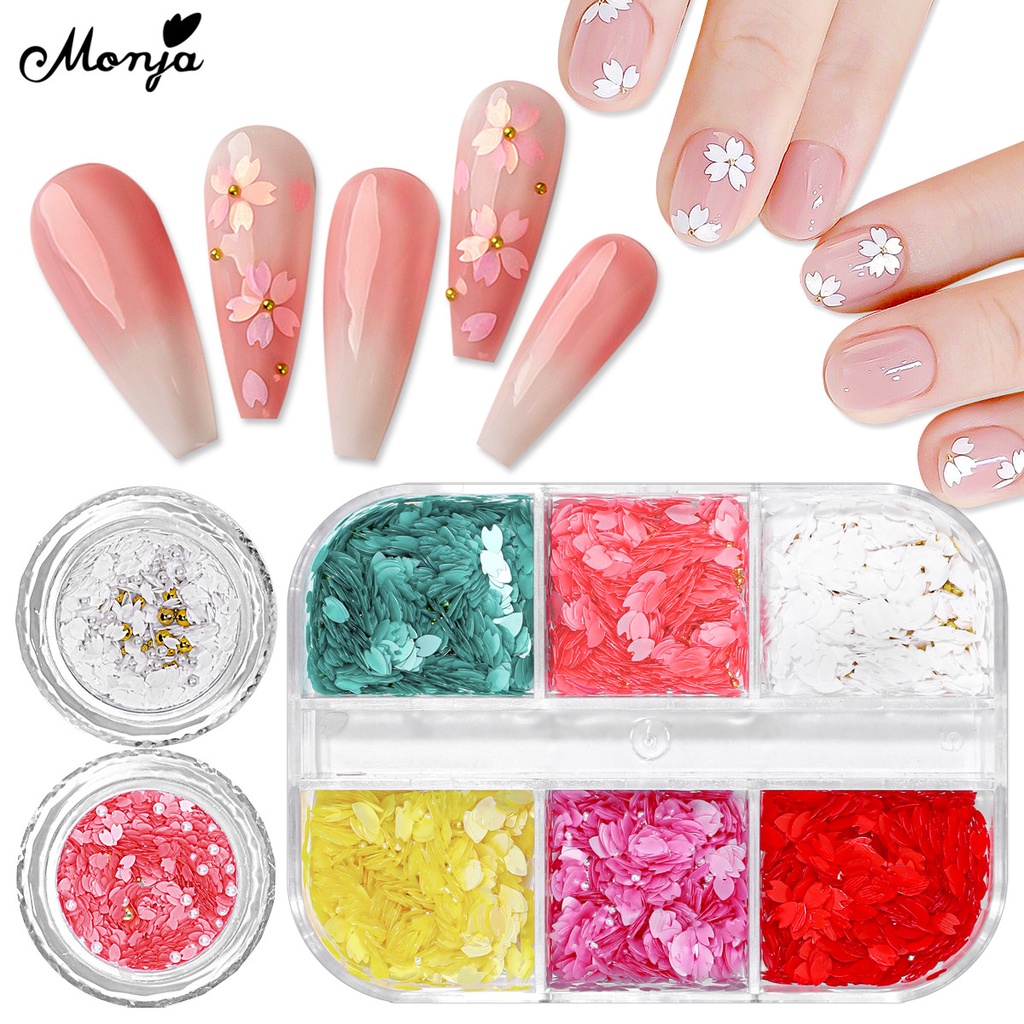 MONJA Miếng Dán Trang Trí Móng Tay Hình Hoa Anh Đào Đính Hạt Ngọc Trai Xinh Xắn
