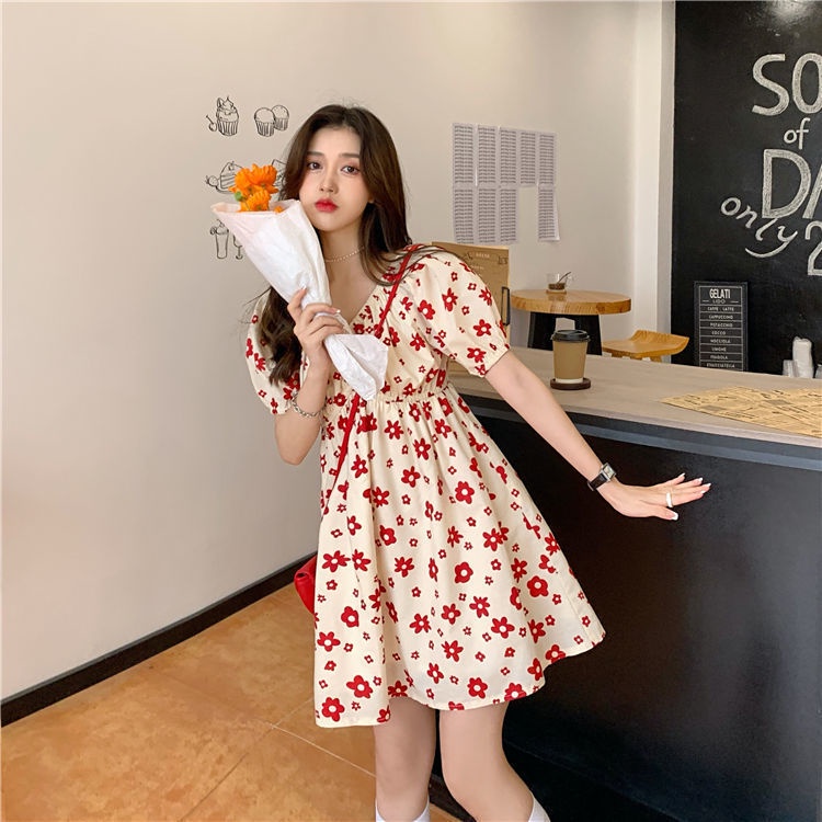 Đầm Búp Bê Tay Phồng Họa Tiết Hoa Màu Đỏ Phong Cách retro Pháp Thời Trang Mùa Hè Cho Nữ
