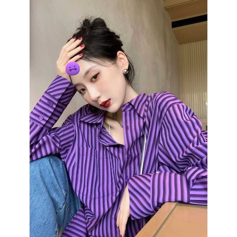 Áo Sơ Mi Tay Dài Dáng Rộng Kẻ Sọc Tím Size Lớn S-3XL Thời Trang Cho Nữ