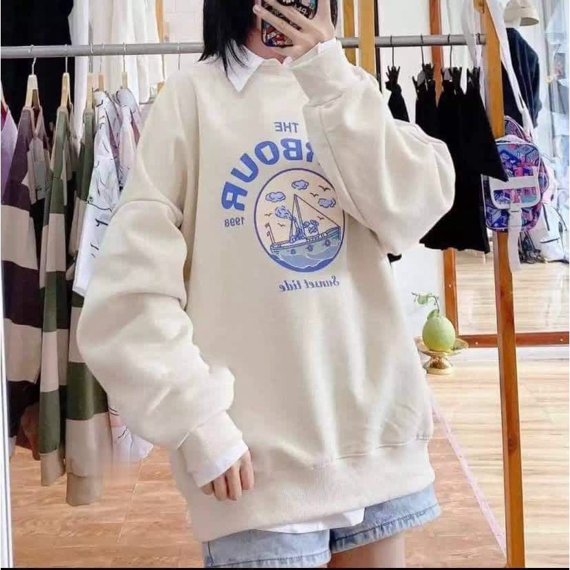 Áo SWEATER FORM RỘNG màu be thiết kế in chữ harrour