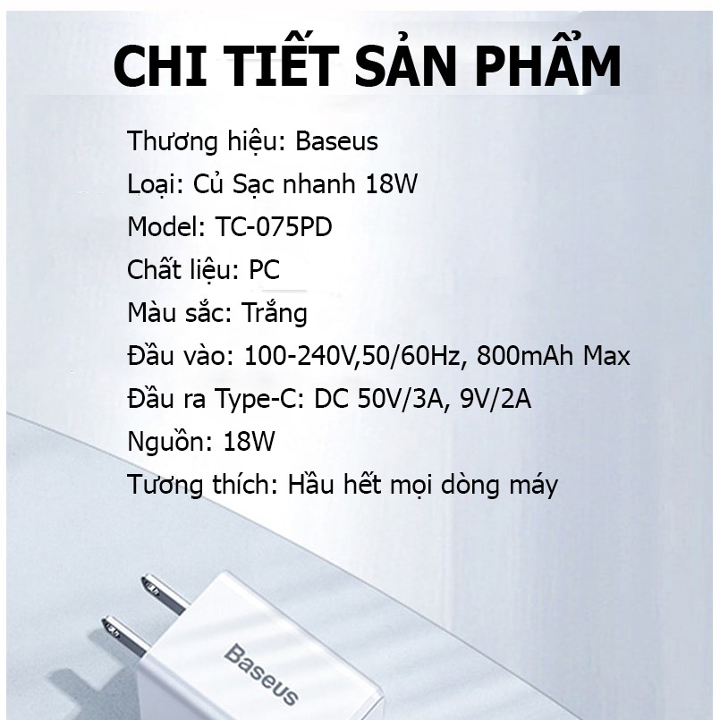 Củ sac Củ sạc nhanh 18W BASEUS CCXZ-02 ( TC-075PD )