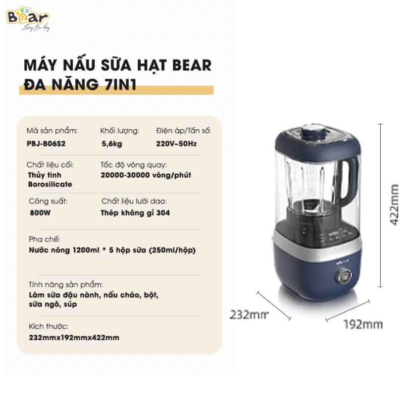 Máy Nấu Sữa Hạt Bear Đa Năng 1,5L Chống Ồn Cao Cấp, Xay Nấu Sữa Hạt, Xay Sinh Tố Tiện Lợi PBJ-B06S2