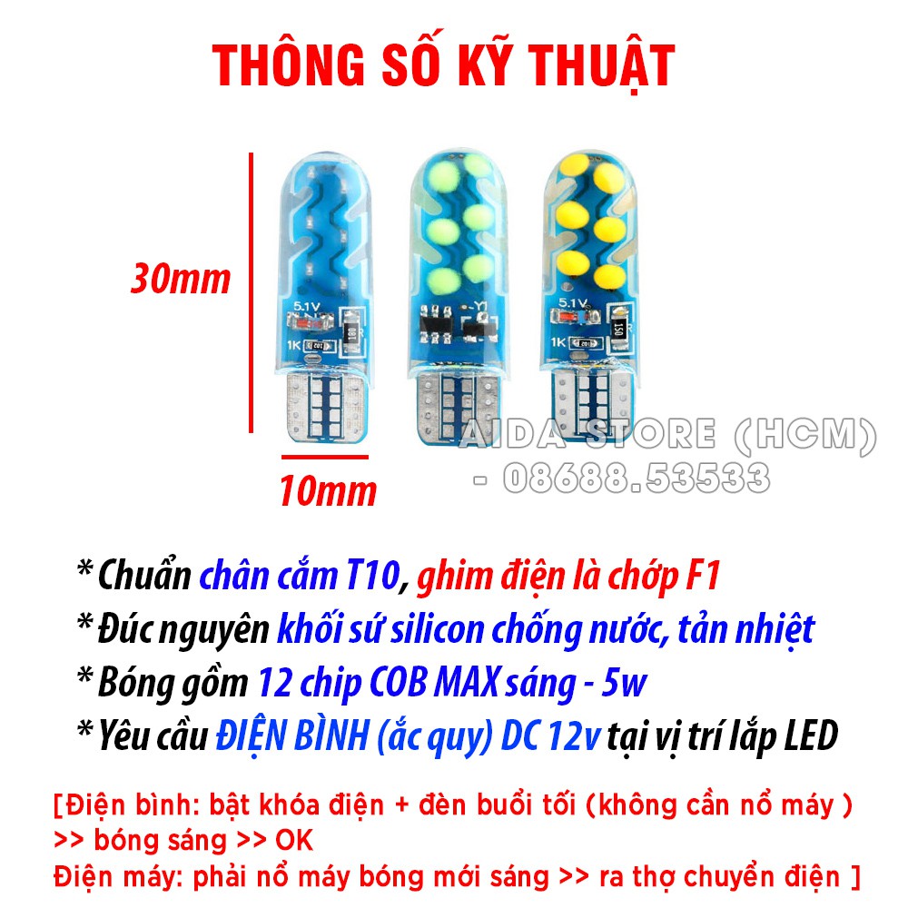 01 bóng đèn LED T10 COB chớp F1 cho demi, xi nhan cực sáng DC12v