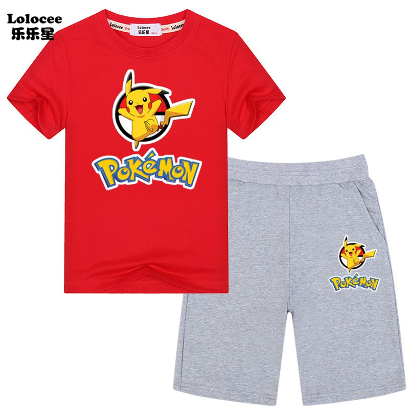 POKEMON Set Áo Thun Tay Ngắn &amp; Quần Short Hình Pikachu Cho Bé Trai